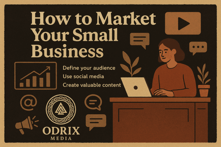 Illustration of a person at a desk using a laptop, surrounded by icons for social media, content, audience data, and a growth chart, with text ‘How to Market Your Small Business’ and Odrix Media logo.