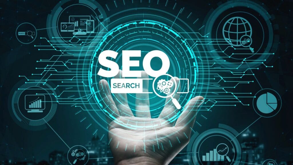 Graphic representation of Search Engine Optimization (SEO) with digital icons and a glowing interface, illustrating SEO services by Odrix Media in Spearfish, SD.