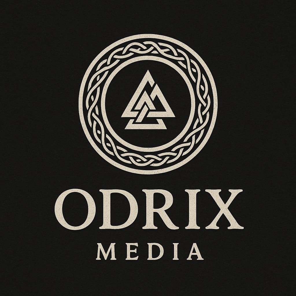 Odrix Media logo featuring a circular Celtic knot border with a geometric triangular design inside, displayed above the company name in bold serif font.