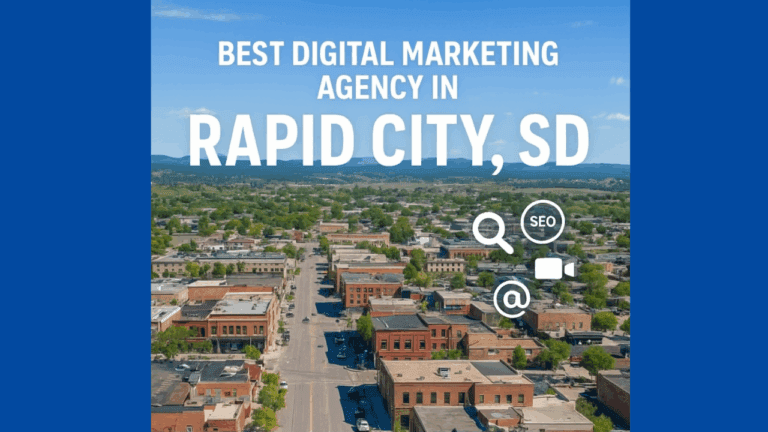 Promotional graphic featuring an aerial view of downtown Rapid City, SD with bold text reading ‘Best Digital Marketing Agency in Rapid City, SD’ and ranking Odrix Media as #1, followed by Midwest Marketing and Ro Sham Bo Creative, showcasing Odrix Media’s digital marketing leadership.