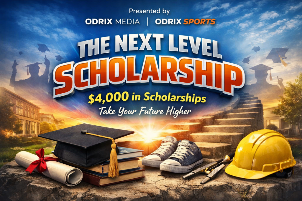 Next Level Scholarship graphic by Odrix Media and Odrix Sports featuring $4,000 in scholarships, graduation cap, diploma, books, tools, and hard hat symbolizing college and trade career paths.