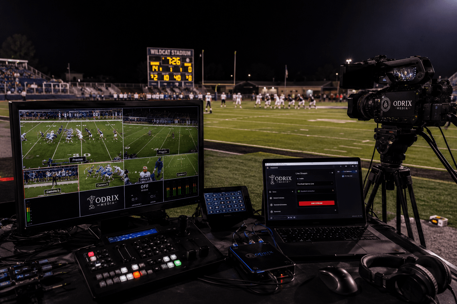 Professional live streaming equipment at a high school football game featuring a multi-camera broadcast setup, video switcher, streaming monitor, and field-side production station.