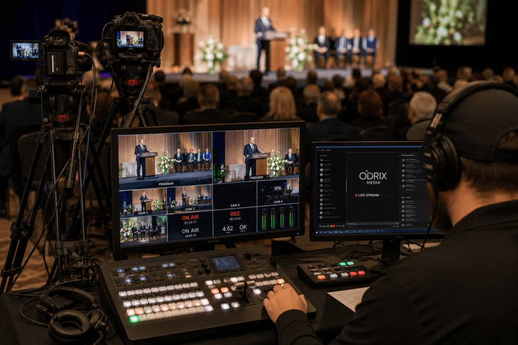 Professional event live streaming production setup featuring multiple cameras, video switchers, streaming monitors, and audio equipment during a corporate event broadcast.