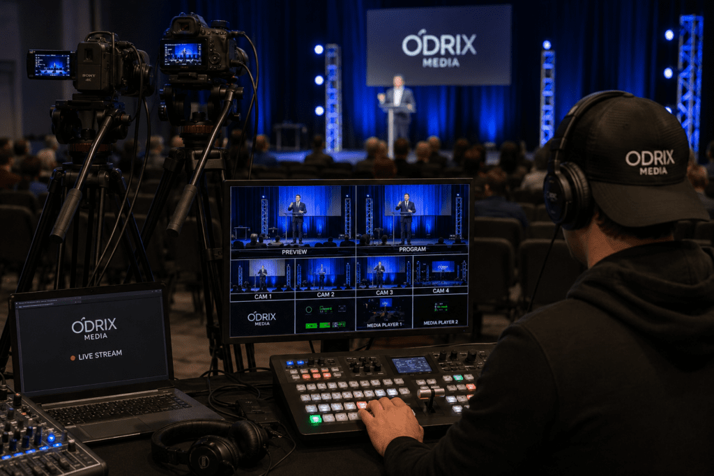 Odrix Media professional event live streaming production featuring multi-camera video broadcasting, live stream monitoring, and real-time event coverage at a corporate presentation.